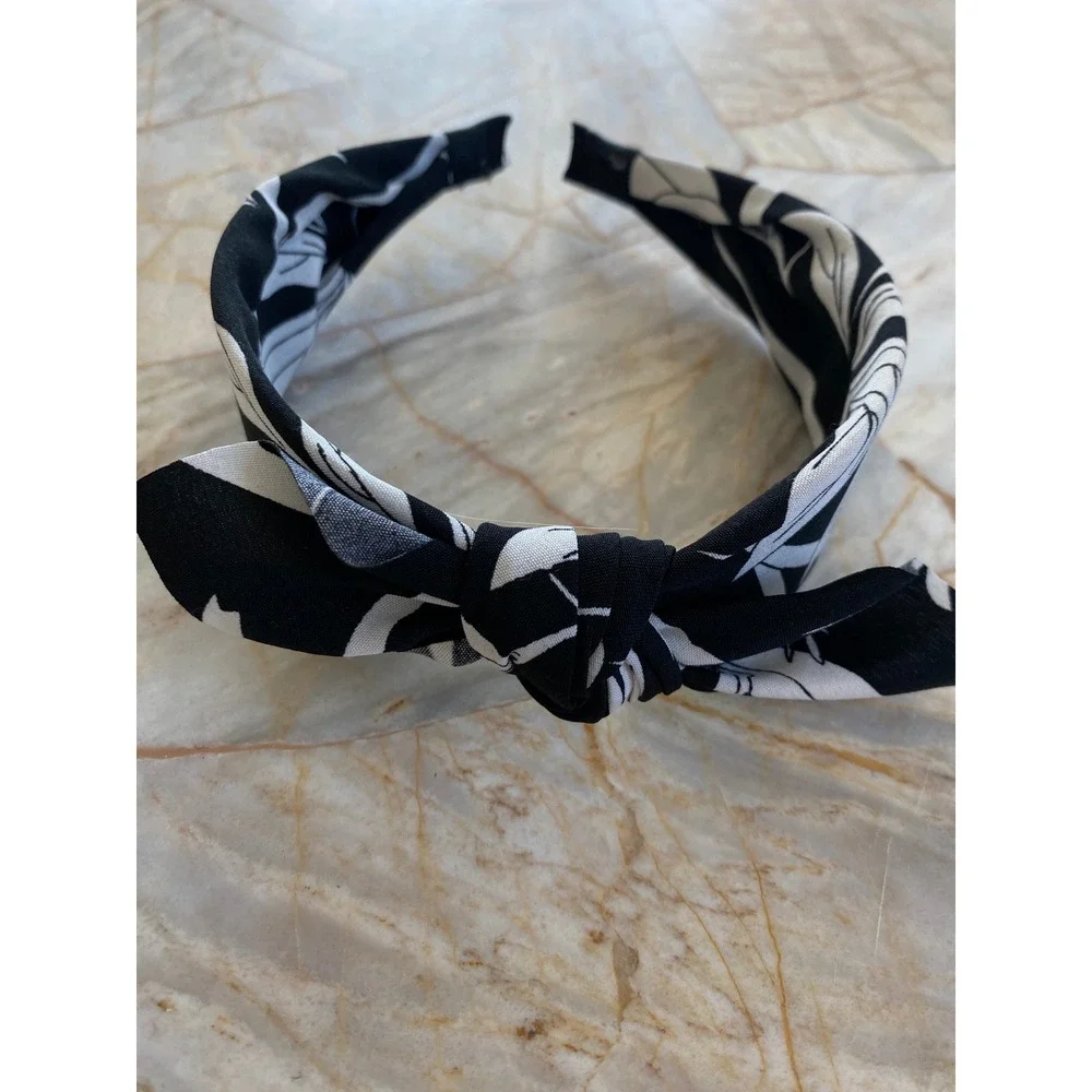 Black White Floral Top Knot Headband Fabric Wrapped Botanical Print Hair Band
